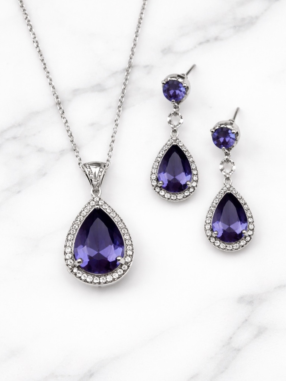 Shae Purple Teardrop Crystal Jewelry Set • Necklace & Drop Earrings• Bridal Prom